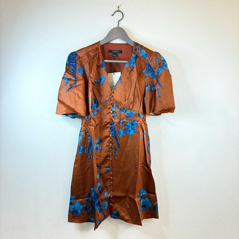 All Saints Tiam Iona Silk Blend Empire Waist Satin Mini Dress Size 0 NWT - Picture 7 of 16